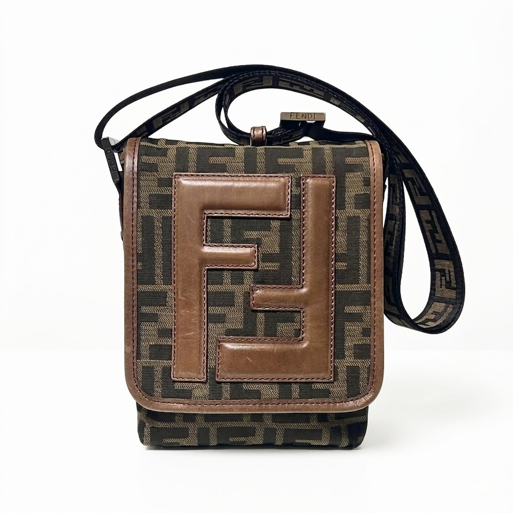 Fendi Zucca Flap Shoulder Bag FF Brown Black Crossbody
